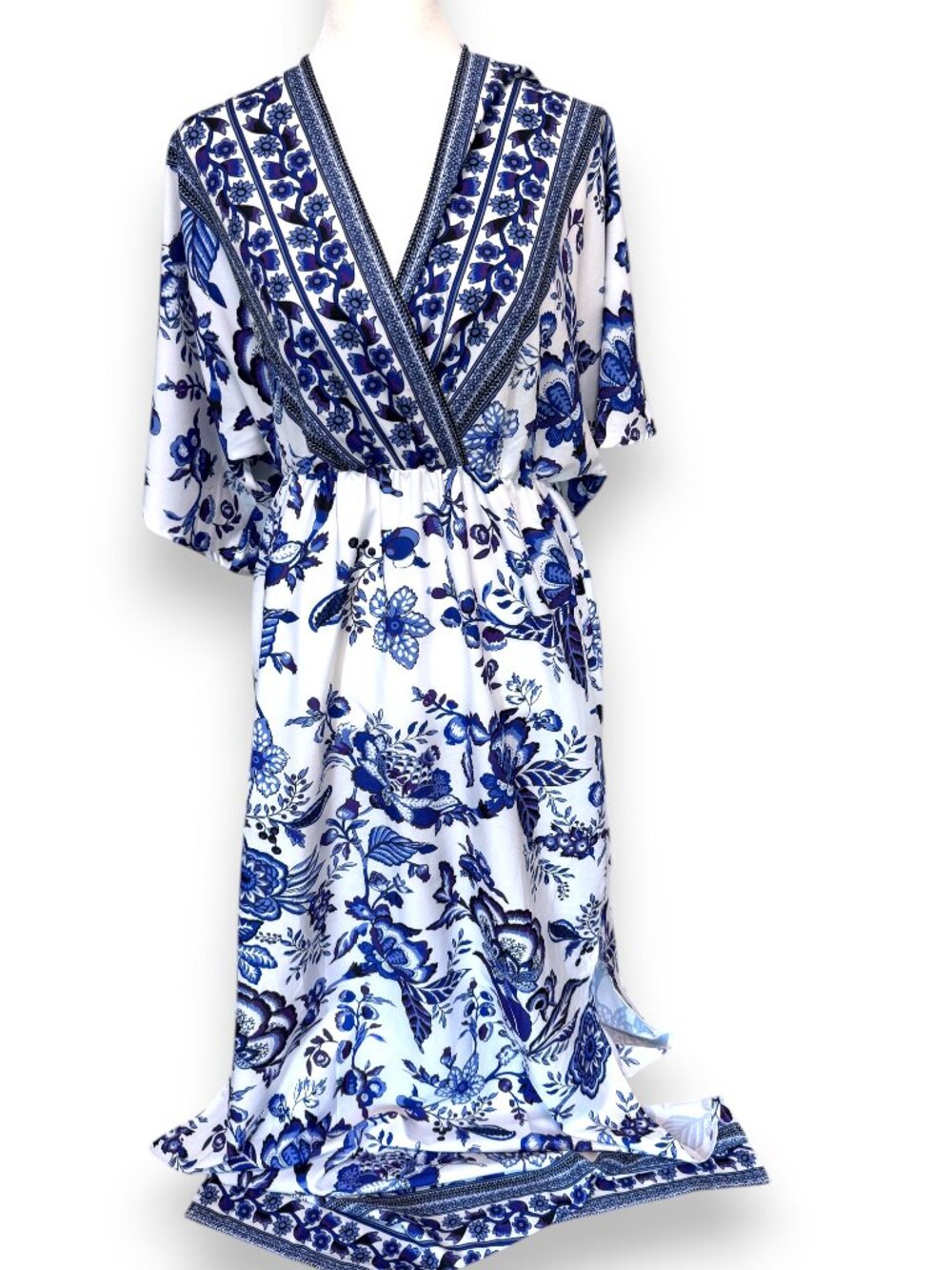 Blue & White Chinoiserie Floral Kimono Sleeve Maxi  / Stretchy for Maternity!